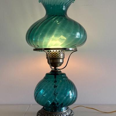 Vintage Turquoise Carnival Glass Hurricane Lamp