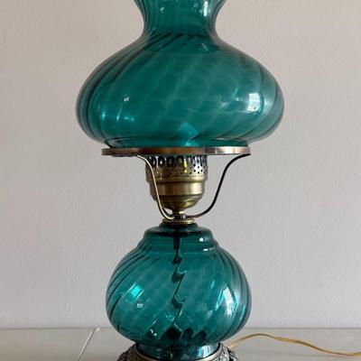 Vintage Turquoise Carnival Glass Hurricane Lamp