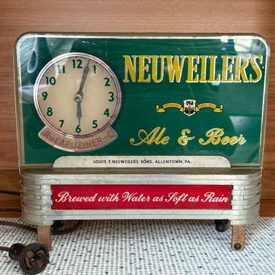 Vintage Neuweiler's Ale & Beer Reverse Glass Light-Up Clock
