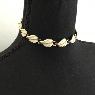 Vintage Gold tone white enamel leaf necklace