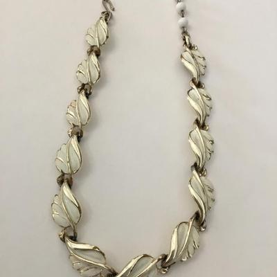 Vintage Gold tone white enamel leaf necklace