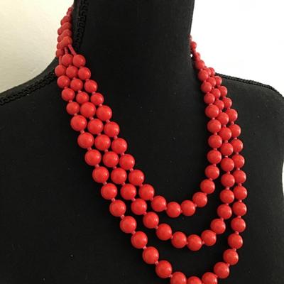 Beautiful Vintage three strand cherry red beaded statement necklace signed