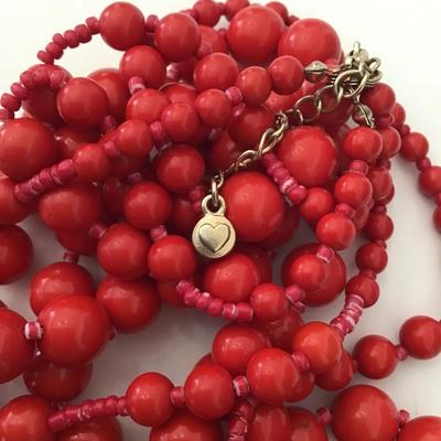 Beautiful Vintage three strand cherry red beaded statement necklace signed