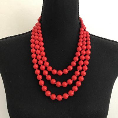 Beautiful Vintage three strand cherry red beaded statement necklace signed