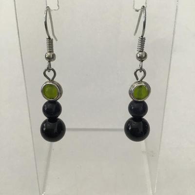 Cute Black Agate & Serpentine bead dangle earrings