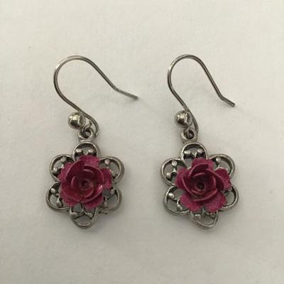 Vintage silver tone Rose dangle earrings