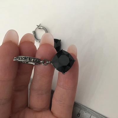 Gun metal, gray hoop, black rhinestone dangle earrings