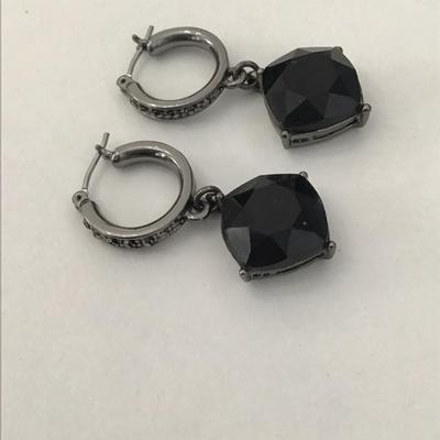 Gun metal, gray hoop, black rhinestone dangle earrings