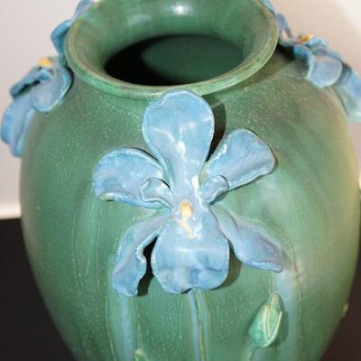 DOOR STUDIO ART POTTERY LARGE VASE/ APPLIED BLUE IRIS 19"