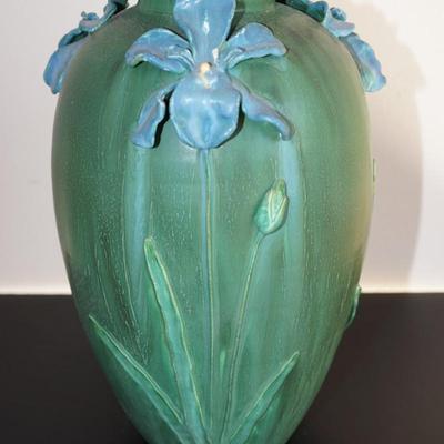 DOOR STUDIO ART POTTERY LARGE VASE/ APPLIED BLUE IRIS 19"