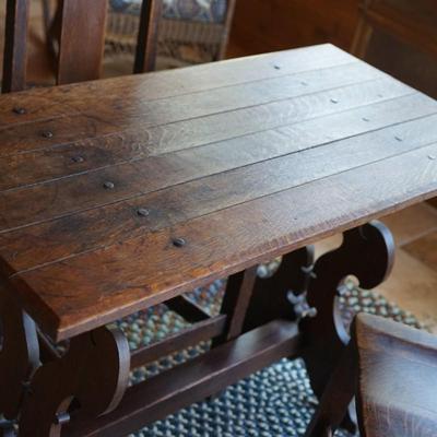 ADORABLE ANTIQUE OAK SMALL SIZE TRESTLE TABLE WITH TWO CHAIRS.