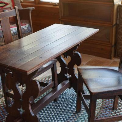 ADORABLE ANTIQUE OAK SMALL SIZE TRESTLE TABLE WITH TWO CHAIRS.