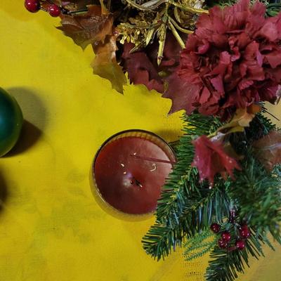 Holiday candles, centerpiece and small ornaments