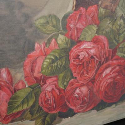 EARLY 1900'S VINTAGE PAINTING OF ROSES /OAK SPLINT BASKET W/ BEES