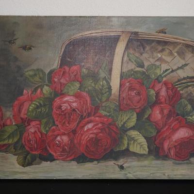 EARLY 1900'S VINTAGE PAINTING OF ROSES /OAK SPLINT BASKET W/ BEES