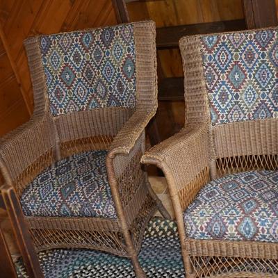 PERFECT VINTAGE DUO FOR THE PORCH OR HOME. VINTAGE WICKER ROCKERS OF NATURAL TONE & SOUTHWEST FABRIC SEATS &BACK