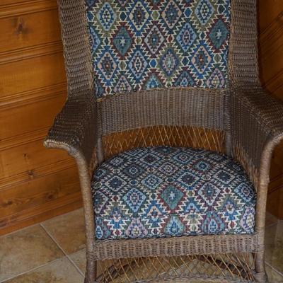 PERFECT VINTAGE DUO FOR THE PORCH OR HOME. VINTAGE WICKER ROCKERS OF NATURAL TONE & SOUTHWEST FABRIC SEATS &BACK