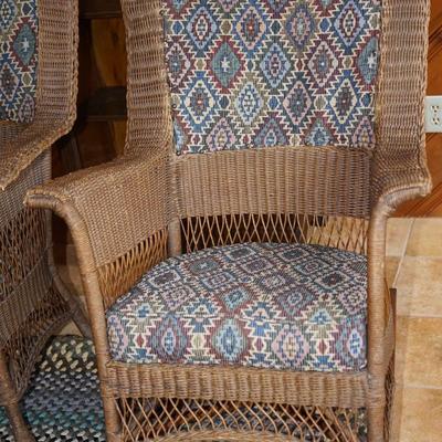 PERFECT VINTAGE DUO FOR THE PORCH OR HOME. VINTAGE WICKER ROCKERS OF NATURAL TONE & SOUTHWEST FABRIC SEATS &BACK