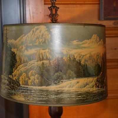 EARLY 20TH CENTURY FLOOR LAMP OF WOOD/ 1940'S SHADE WITH SCENIC WOODLAND SCENE