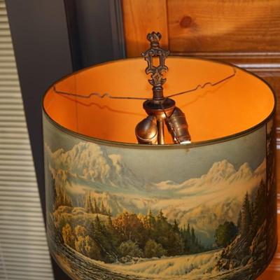 EARLY 20TH CENTURY FLOOR LAMP OF WOOD/ 1940'S SHADE WITH SCENIC WOODLAND SCENE