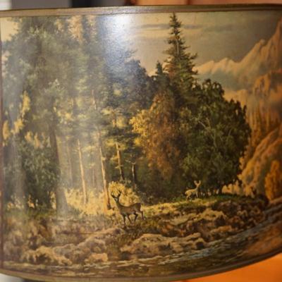 EARLY 20TH CENTURY FLOOR LAMP OF WOOD/ 1940'S SHADE WITH SCENIC WOODLAND SCENE