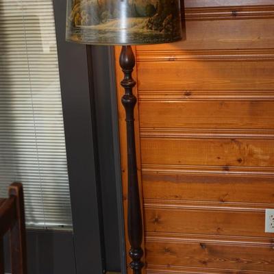 EARLY 20TH CENTURY FLOOR LAMP OF WOOD/ 1940'S SHADE WITH SCENIC WOODLAND SCENE