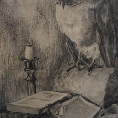 UNIQUE ONE OF A KIND ANTIQUE ORIGINAL CHARCOAL DRAWING OF A HORNED OWL, BY CANDLE & OPEN BOOKS.