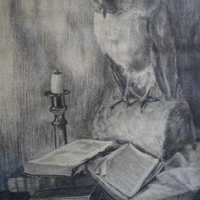 UNIQUE ONE OF A KIND ANTIQUE ORIGINAL CHARCOAL DRAWING OF A HORNED OWL, BY CANDLE & OPEN BOOKS.