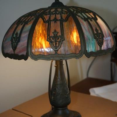 BEAUTIFUL EARLY 20TH CENTURY RAINBOW SLAG GLASS TABLE LAMP/ UMBRELLA STYLE SHADE/ NOUVEUA DESIGN METAL BASE