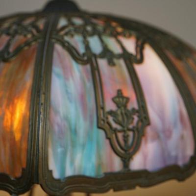 BEAUTIFUL EARLY 20TH CENTURY RAINBOW SLAG GLASS TABLE LAMP/ UMBRELLA STYLE SHADE/ NOUVEUA DESIGN METAL BASE