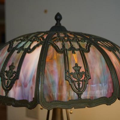 BEAUTIFUL EARLY 20TH CENTURY RAINBOW SLAG GLASS TABLE LAMP/ UMBRELLA STYLE SHADE/ NOUVEUA DESIGN METAL BASE