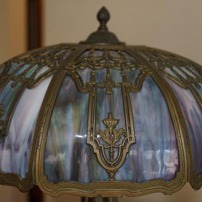 BEAUTIFUL EARLY 20TH CENTURY RAINBOW SLAG GLASS TABLE LAMP/ UMBRELLA STYLE SHADE/ NOUVEUA DESIGN METAL BASE