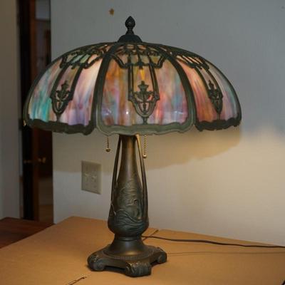BEAUTIFUL EARLY 20TH CENTURY RAINBOW SLAG GLASS TABLE LAMP/ UMBRELLA STYLE SHADE/ NOUVEUA DESIGN METAL BASE