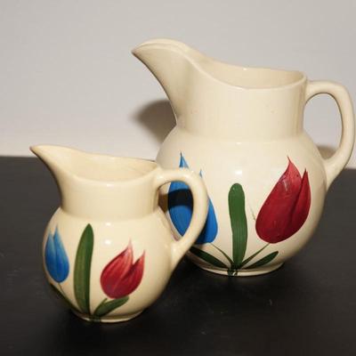 PAIR OF WATT WARE TULIP PITCHERS #62 CREAMER & #16 PITCHER