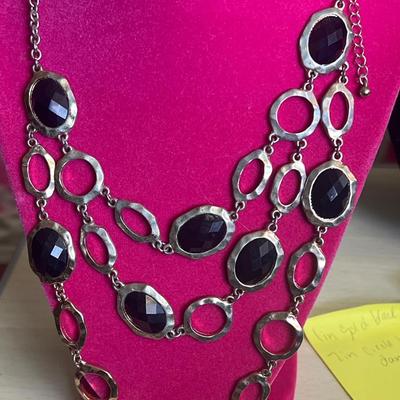 Silver toned black jeweled stacked necklace