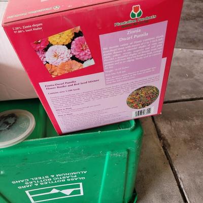 Assorted seeds, flashlights, garden supplies