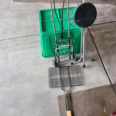 Cane with seat, sandwich griller and luggage dolly