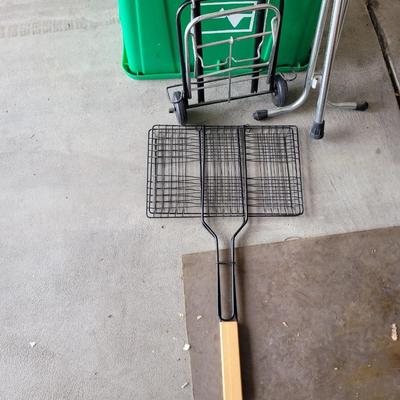 Cane with seat, sandwich griller and luggage dolly