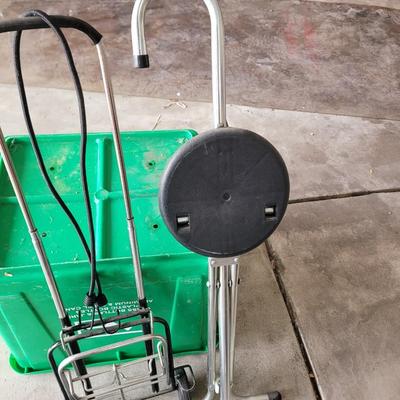 Cane with seat, sandwich griller and luggage dolly