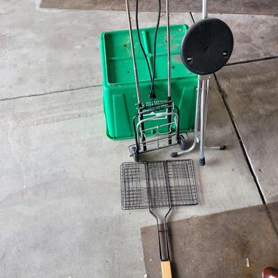 Cane with seat, sandwich griller and luggage dolly