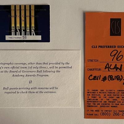 1996 Academy Awards Governors Ball ticket and parking pass