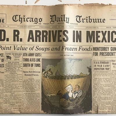 1943 Chicago Daily Tribune - F.D.R Arrives in Mexico - Original Vintage Newspaper