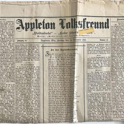 1893 Appleton Volksfreund German Language Vintage Newspaper