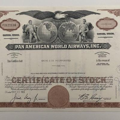 Pan American World Airways, INC Five Shares Certificate of Stock