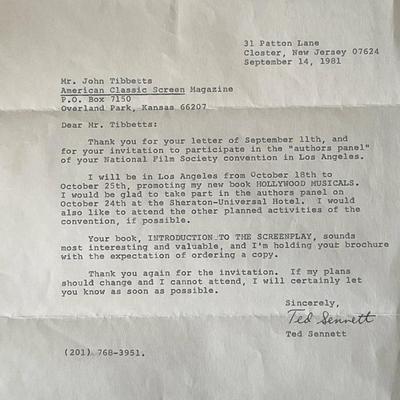 Author Ted Sennett signed letter