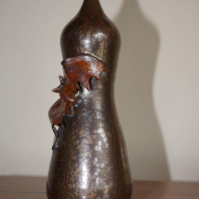 WILD UNIQUE DOOR STUDIO VASE W/ APPLIED OPEN WING BAT IN GLOSS BROWN GLAZE
