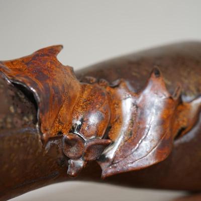 WILD UNIQUE DOOR STUDIO VASE W/ APPLIED OPEN WING BAT IN GLOSS BROWN GLAZE