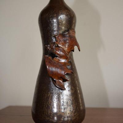WILD UNIQUE DOOR STUDIO VASE W/ APPLIED OPEN WING BAT IN GLOSS BROWN GLAZE