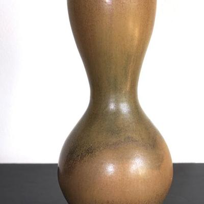 LARGER TALL POTTERY VASE GOURD SHAPE W/MATT GLAZE OF BROWNS /DARK GREEN