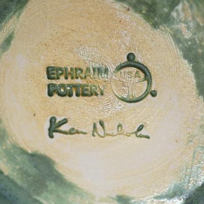 EPHRIAM POTTERY BOTTLE / CLIMBING BEAR ON MATT GREEN GLAZE SIGNED KEN NICHOLS